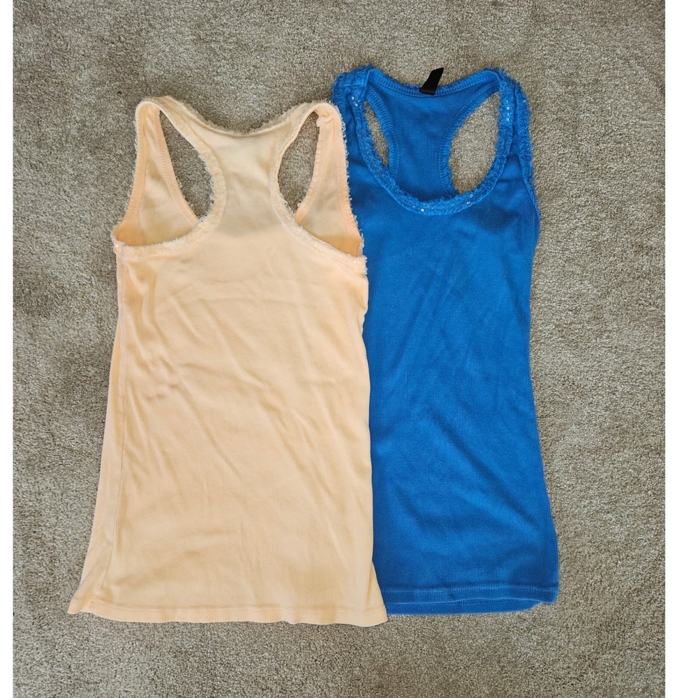 Venti6 Tank Tops Women S Peach Blue Sequin Raw Edge Ribbed 2 Pack Y2K Layer